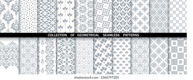 Conjunto floral geométrico de patrones sin soldadura. Antecedentes vectoriales en blanco y gris. Ornamentos gráficos de Damasco