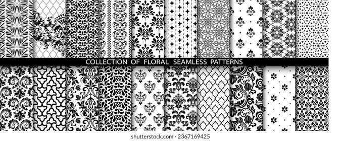 Geometric floral set of seamless patterns. White and black vector backgrounds. Damask graphic ornaments.