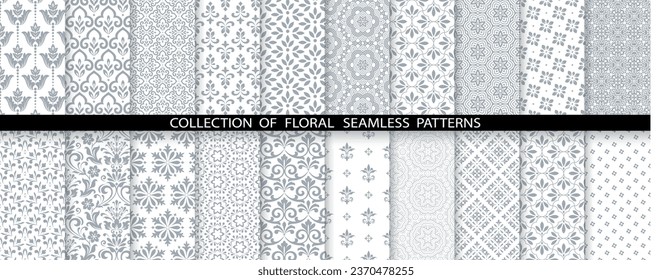 Geometric floral set of seamless patterns. White and gray vector backgrounds. Damask graphic ornaments