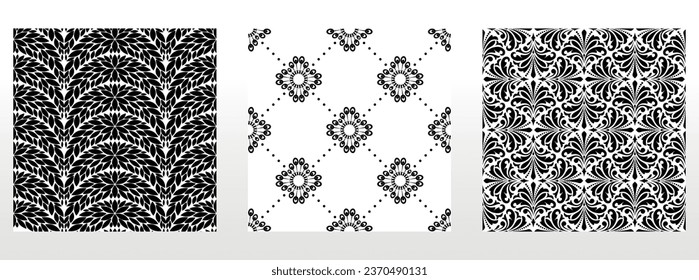 Conjunto floral geométrico de patrones sin soldadura. Antecedentes vectoriales blancos y negros. Ornamentos gráficos Damask.