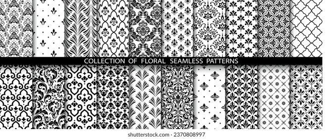 Geometric floral set of seamless patterns. White and black vector backgrounds. Damask graphic ornaments.