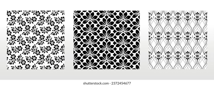 Conjunto floral geométrico de patrones sin soldadura. Antecedentes vectoriales blancos y negros. Ornamentos gráficos Damask.