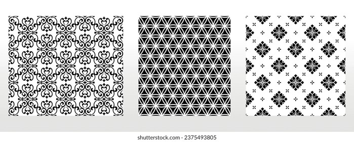 Geometric floral set of seamless patterns. White and black vector backgrounds. Damask graphic ornaments.