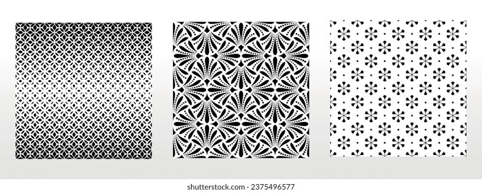 Geometric floral set of seamless patterns. White and black vector backgrounds. Damask graphic ornaments.