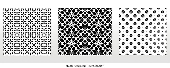 Conjunto floral geométrico de patrones sin soldadura. Antecedentes vectoriales blancos y negros. Ornamentos gráficos Damask.