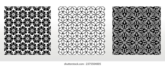 Geometric floral set of seamless patterns. White and black vector backgrounds. Damask graphic ornaments.