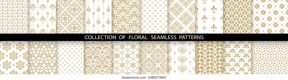 Geometric floral set of seamless patterns. White and gold vector backgrounds. Damask graphic ornaments