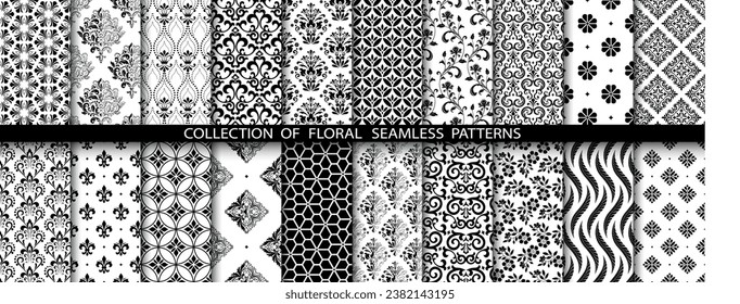 Geometric floral set of seamless patterns. White and black vector backgrounds. Damask graphic ornaments.