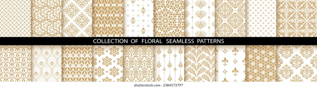 Geometric floral set of seamless patterns. White and gold vector backgrounds. Damask graphic ornaments