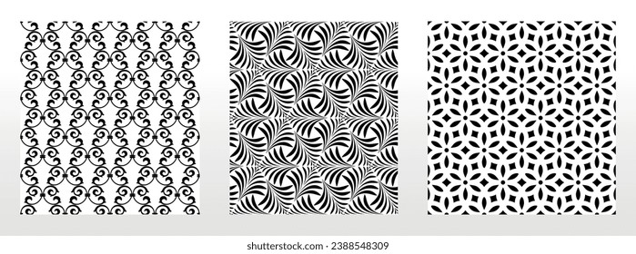 Geometric floral set of seamless patterns. White and black vector backgrounds. Damask graphic ornaments.