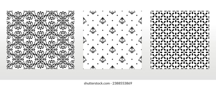 Geometric floral set of seamless patterns. White and black vector backgrounds. Damask graphic ornaments.