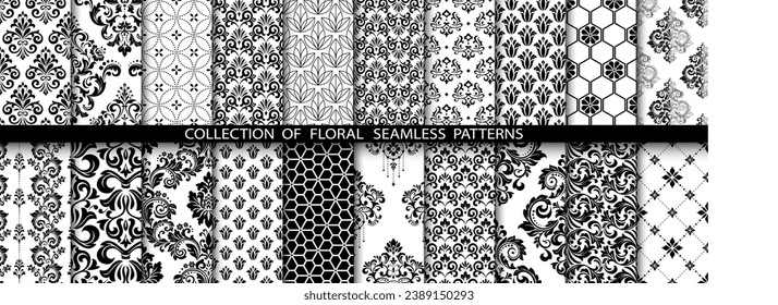 Geometric floral set of seamless patterns. White and black vector backgrounds. Damask graphic ornaments.