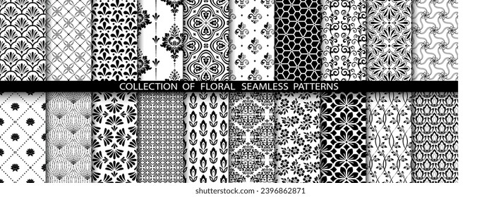 Geometrisches Blumenset nahtloser Muster. Weiße und schwarze Vektorhintergründe. Damast-Grafik-Ornamente.