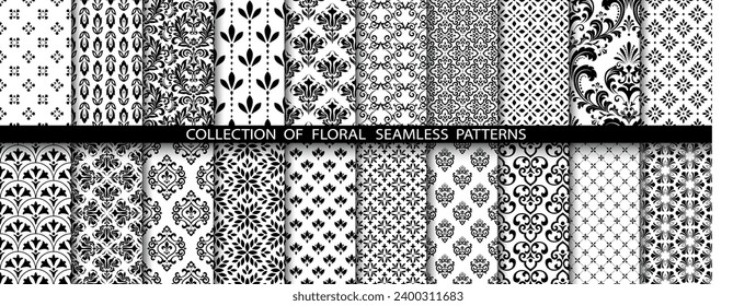 Geometric floral set of seamless patterns. White and black vector backgrounds. Damask graphic ornaments.