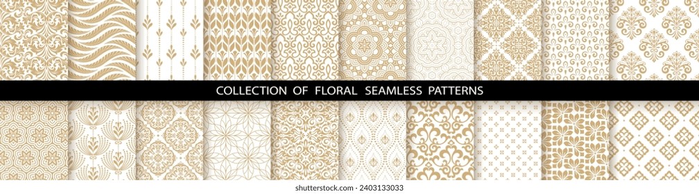 Geometric floral set of seamless patterns. White and gold vector backgrounds. Damask graphic ornaments
