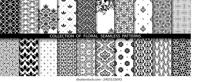 Geometric floral set of seamless patterns. White and black vector backgrounds. Damask graphic ornaments.