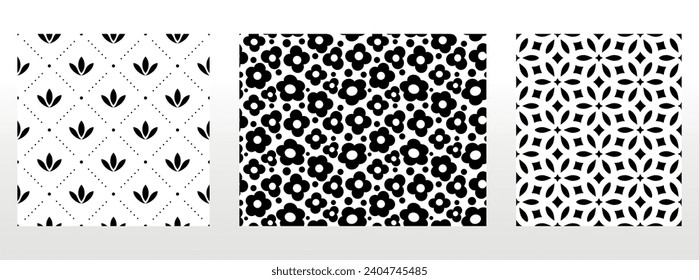 Geometric floral set of seamless patterns. White and black vector backgrounds. Damask graphic ornaments.