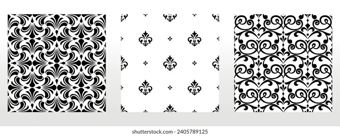 Geometric floral set of seamless patterns. White and black vector backgrounds. Damask graphic ornaments.