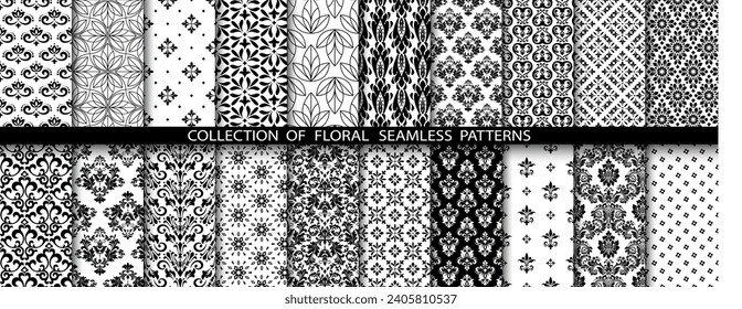 Geometric floral set of seamless patterns. White and black vector backgrounds. Damask graphic ornaments.