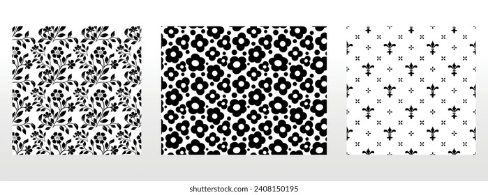 Conjunto floral geométrico de patrones sin soldadura. Antecedentes vectoriales blancos y negros. Ornamentos gráficos Damask.