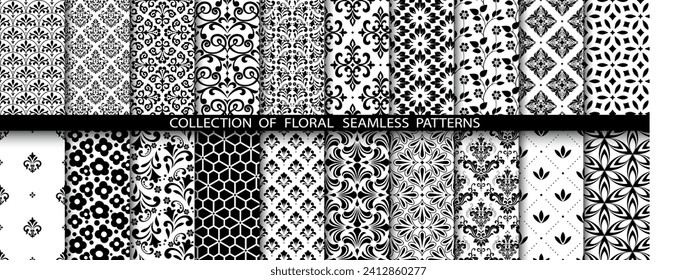 Conjunto floral geométrico de patrones sin soldadura. Antecedentes vectoriales blancos y negros. Ornamentos gráficos Damask.