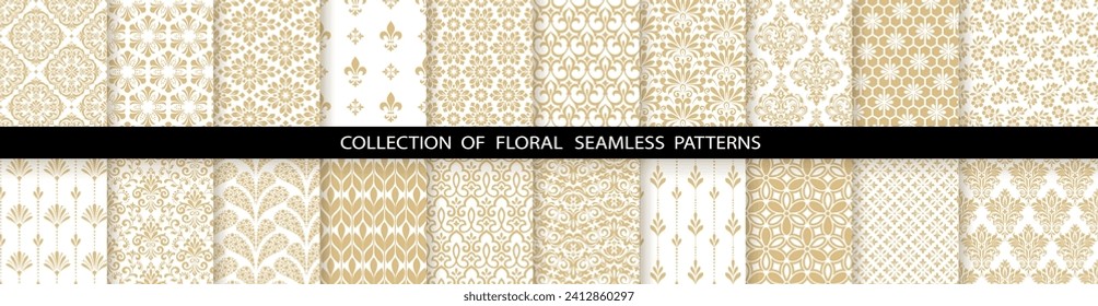 Geometric floral set of seamless patterns. White and gold vector backgrounds. Damask graphic ornaments