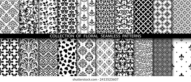 Geometric floral set of seamless patterns. White and black vector backgrounds. Damask graphic ornaments.
