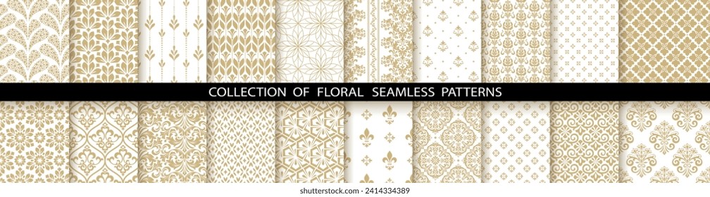 Geometric floral set of seamless patterns. White and gold vector backgrounds. Damask graphic ornaments