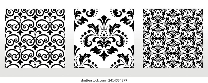 Geometrisches Blumenset nahtloser Muster. Weiße und schwarze Vektorhintergründe. Damast-Grafik-Ornamente.