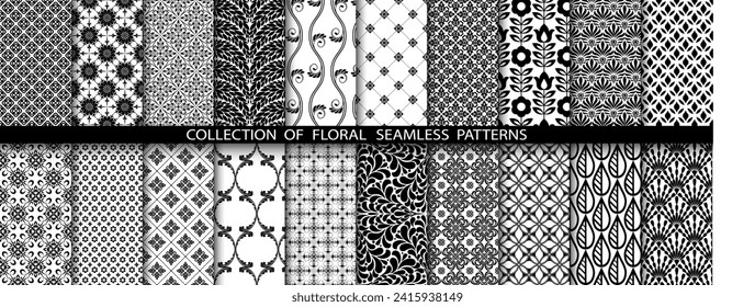 Conjunto floral geométrico de patrones sin soldadura. Antecedentes vectoriales blancos y negros. Ornamentos gráficos Damask.