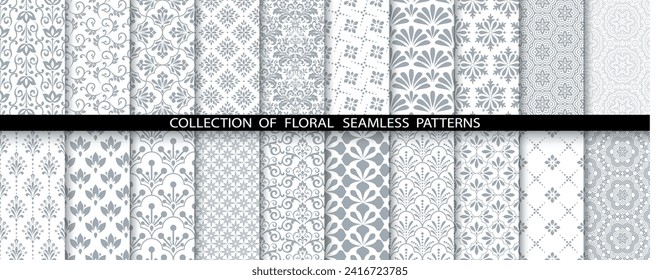 Geometric floral set of seamless patterns. White and gray vector backgrounds. Damask graphic ornaments