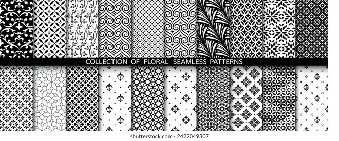 Conjunto floral geométrico de patrones sin soldadura. Antecedentes vectoriales blancos y negros. Ornamentos gráficos Damask.