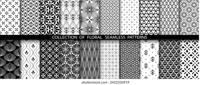 Conjunto floral geométrico de patrones sin soldadura. Antecedentes vectoriales blancos y negros. Ornamentos gráficos Damask.