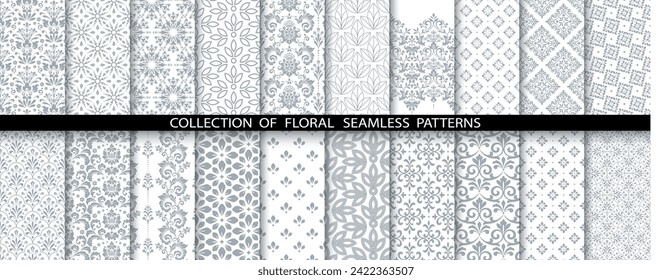 Geometric floral set of seamless patterns. White and gray vector backgrounds. Damask graphic ornaments