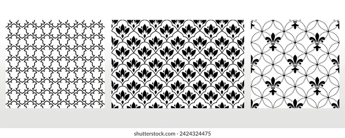 Geometric floral set of seamless patterns. White and black vector backgrounds. Damask graphic ornaments.