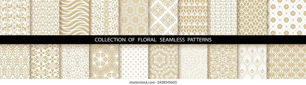 Conjunto floral geométrico de patrones sin fisuras. Fondos vectoriales blancos y dorados. Adornos gráficos de damasco