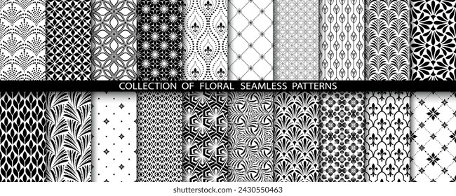 Geometric floral set of seamless patterns. White and black vector backgrounds. Damask graphic ornaments.