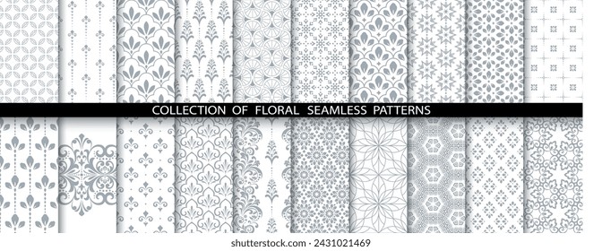 Geometric floral set of seamless patterns. White and gray vector backgrounds. Damask graphic ornaments