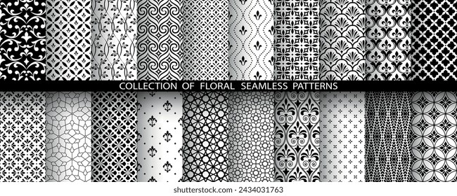 Geometric floral set of seamless patterns. White and black vector backgrounds. Damask graphic ornaments.