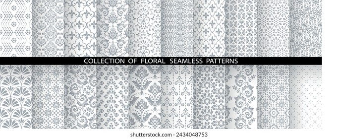 Conjunto floral geométrico de patrones sin fisuras. Fondos de vector blanco y gris. Adornos gráficos de damasco