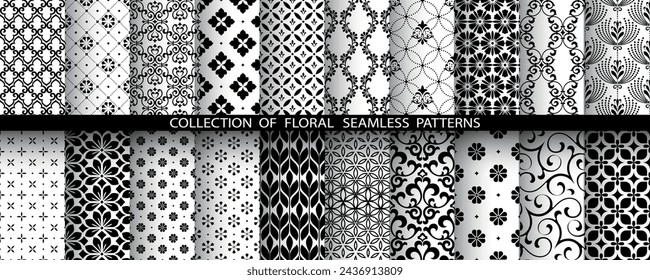 Geometric floral set of seamless patterns. White and black vector backgrounds. Damask graphic ornaments.