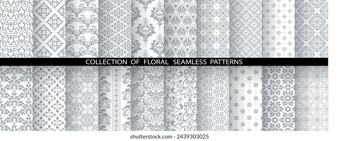Geometric floral set of seamless patterns. White and gray vector backgrounds. Damask graphic ornaments