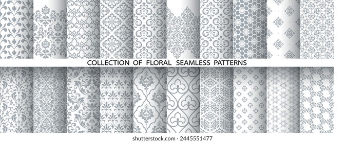 Conjunto floral geométrico de patrones sin fisuras. Fondos de Vector blanco y gris. Adornos gráficos de damasco