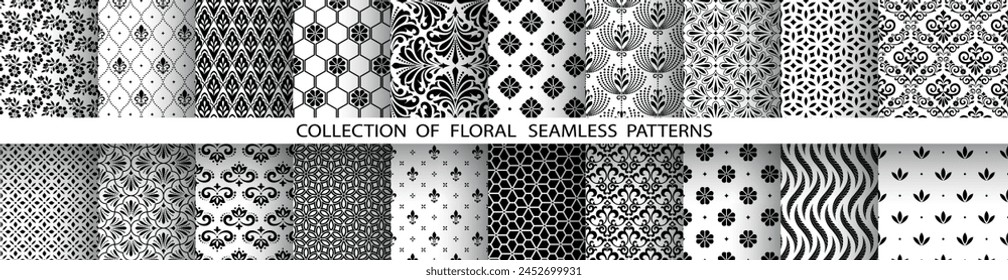 Geometric floral set of seamless patterns. White and black vector backgrounds. Damask graphic ornaments.