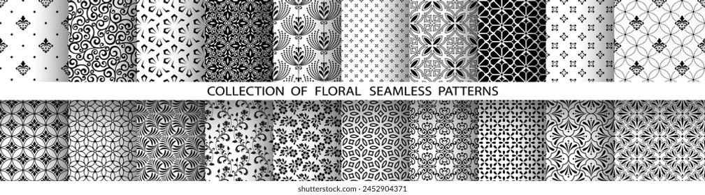 Geometric floral set of seamless patterns. White and black vector backgrounds. Damask graphic ornaments.