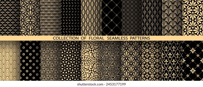 Geometric floral set of seamless patterns. Golden and black vector backgrounds. Damask graphic ornaments