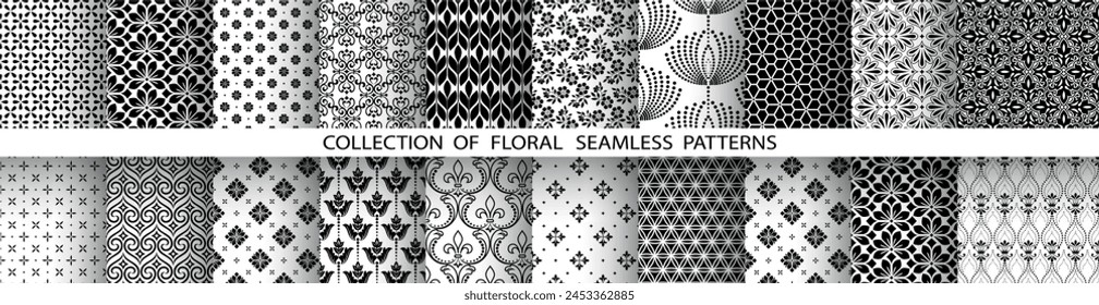 Geometric floral set of seamless patterns. White and black vector backgrounds. Damask graphic ornaments.