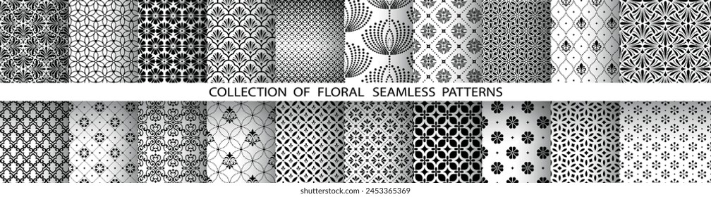 Geometric floral set of seamless patterns. White and black vector backgrounds. Damask graphic ornaments.