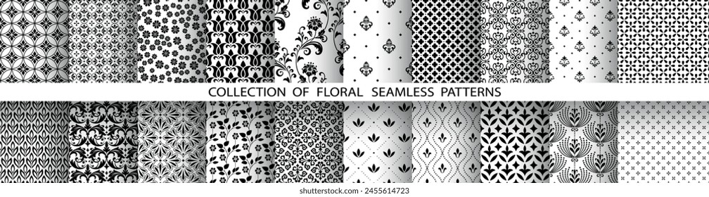 Geometric floral set of seamless patterns. White and black vector backgrounds. Damask graphic ornaments.