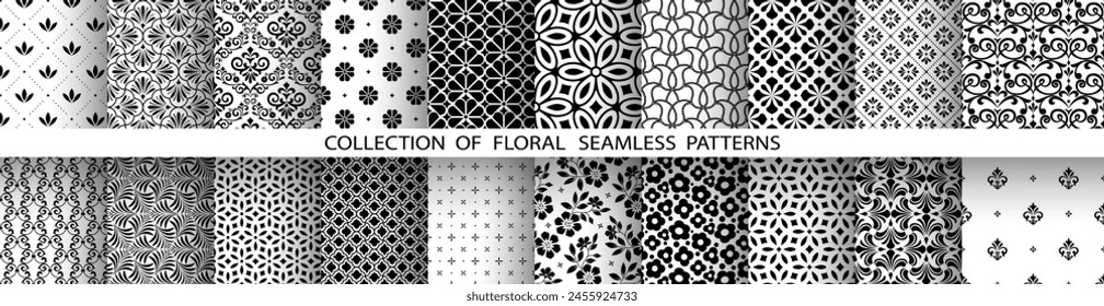 Conjunto floral geométrico de patrones sin fisuras. Fondos de Vector blanco y negro. Adornos gráficos de damasco.